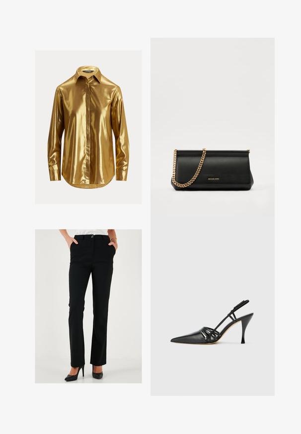 Kuldne metallik pikkade varrukatega särk nupuga kraega, sile tekstuur, esiots nuppe täis ja ümaral serva.; Mustad ülikonnad, millel on sirge jalgade disain, nupuga sulgumine ja küljetaskud, valmistatud siledast kangast.; Must musta kõrgtehnoloogiline suss, terava ninaga, ristcross rihmade disainiga ja õhukese stilettokontsaga. Sile tekstuur ja minimaalne kaunistus.; Mustast nahast klamberkott kuldse kettrihmaga, millel on sile tekstuur, ristkülikuline kuju ja esiküljel reljeefne brändingu märk.