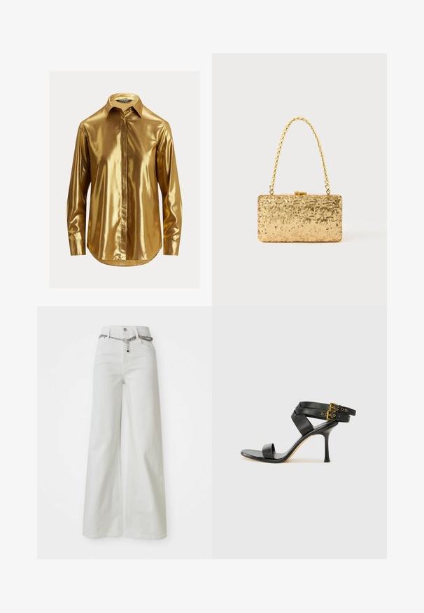 Camisa de manga larga metálica dorada con cuello abotonado, textura suave, tapeta frontal y dobladillo redondeado.; Pantalones de denim blancos de pierna ancha con una cintura alta, que presentan un acento de cadena a lo largo de la cinturilla y un diseño clásico de cinco bolsillos.; Sandalia negra de tacón con correas cruzadas y hebilla ajustable. Presenta una textura suave y un tacón de aguja afilado.; Clutch dorado de lentejuelas con forma rectangular, que presenta un asa de cadena trenzada y un cierre de metal, reflejando la luz con un acabado texturizado.