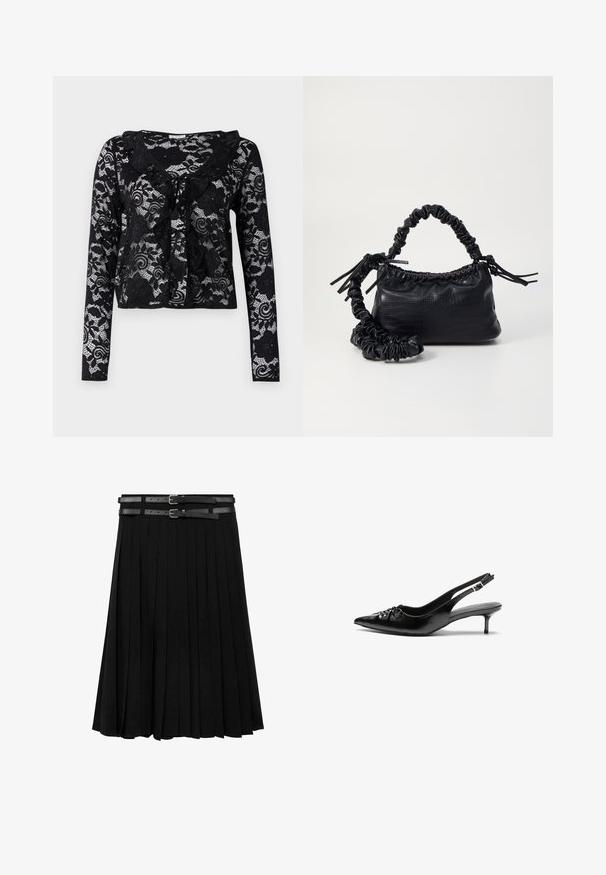 Sort blondekort cardigan med lange ærmer, blomstermønster, flæsekant ved kraven, åben frontdesign og bindebånd ved halsen.; Sort plisseret nederdel med to læderremme og sølvspænder i livet. Fremstillet af et glat, flydende stof.; Sorte læder slingback-pumps med spids tå, lav kitten-hæl og rynket detalje på overdelen. Glat tekstur og minimalistisk design.; Sort kunstlæder håndtaske med krokodilteksur, indsnøret top og en sammenkrøben rem. Ser blød og kompakt ud i designet.