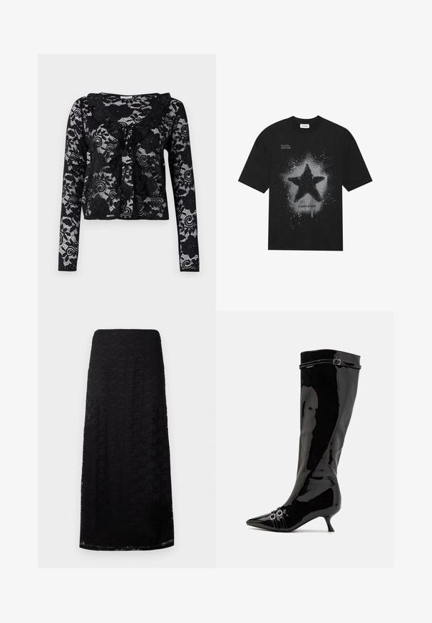 Melnas mežģīņu kardigāns ar garām piedurknēm, ziedu rakstiem, viļņotu apkakli, atvērtu priekšpusi un saitītes detaļu ap kaklu.; Melna kokvilnas t-krekls ar lielu pelēku zvaigžņu grafiku un pleķu efektu. Virs teksts "Sapņo lielu, spīdīgi mirdzi" un zem tā "Kosmiska modes".; Melna mežģīņu midi svārki ar ziedu rakstu, taisns griezums un smalka tekstūra, attēloti pret vienkāršu baltu fonu.; Knee augstumā zīda melni lakoti zābaki ar norādītu pirkstu, mazu papēdi un dubulām sprādzēm ap potīti. Gluda, spīdīga apdare.