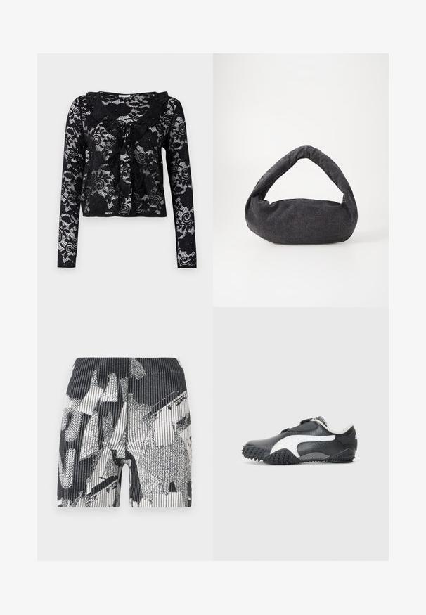 Black lace cardigan with long sleeves, floral patterns, ruffled collar, open front design, and tie detail at the neckline.; Black cotton t-shirt featuring a large gray star graphic with a splatter effect. Text reads "Dream Big Shine Bright" above and "Cosmic Couture" below.; Black and white patterned shorts with a ribbed texture. Design features abstract shapes and stripes. Elastic waistband for snug fit.; Black athletic shoe with textured upper, white accents, and rubber outsole featuring a spiked pattern for traction. Adjustable strap closure.; Dark gray fabric bag with a curved handle, soft texture, and rounded shape. No visible hardware or embellishments.