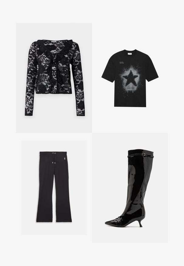 Melnas mežģīņu kardigāns ar garām piedurknēm, ziedu rakstiem, viļņotu apkakli, atvērtu priekšpusi un saitītes detaļu ap kaklu.; Melna kokvilnas t-krekls ar lielu pelēku zvaigžņu grafiku un pleķu efektu. Virs teksts "Sapņo lielu, spīdīgi mirdzi" un zem tā "Kosmiska modes".; Melnas platās sporta bikses, izgatavotas no mīksta auduma, ar aukliņu jostu un mazu logotipa detaļu tuvumā viduklim.; Knee augstumā zīda melni lakoti zābaki ar norādītu pirkstu, mazu papēdi un dubulām sprādzēm ap potīti. Gluda, spīdīga apdare.