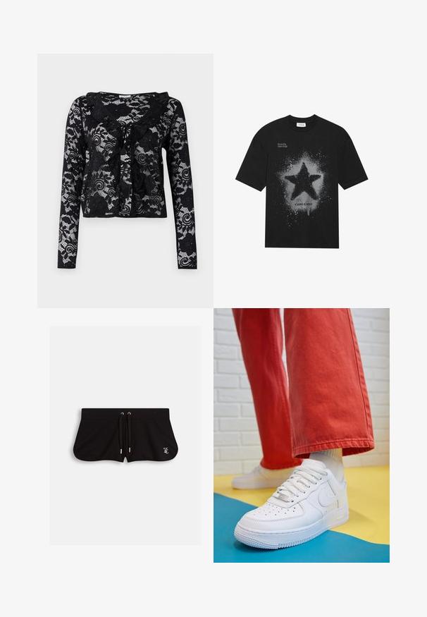 Black lace cardigan with long sleeves, floral patterns, ruffled collar, open front design, and tie detail at the neckline.; Black cotton t-shirt featuring a large gray star graphic with a splatter effect. Text reads "Dream Big Shine Bright" above and "Cosmic Couture" below.; Black shorts made from soft fabric, featuring a drawstring waist, side slits, and a small embroidered logo on the front.; White leather sneaker with perforated toe box, textured sole, and white laces, paired with wide red pants and a blue and yellow background.