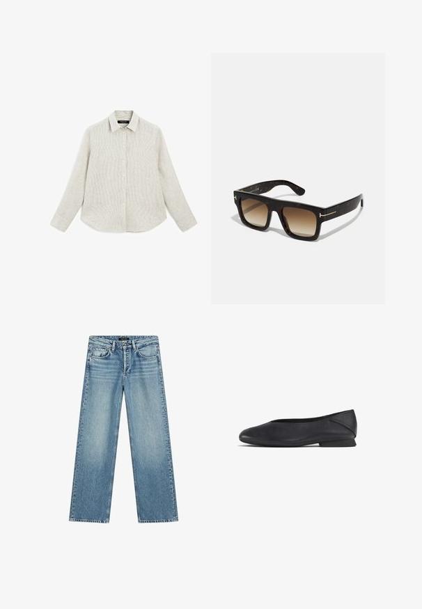 Světle zbarvená košile na knoflíky s jemným proužkovaným vzorem. Vyrobena z texturované látky, s klasickým límečkem a dlouhými rukávy s knoflíkovými manžetami.; Světle modré džínové kalhoty s širokými nohavicemi. Mají pět kapes, zapínání na knoflík a jemné vyšisování, které vytváří strukturovaný vzhled.; Černé kožené ploché boty s kulatou špičkou a nízkým podpatkem, navržené pro neformální i formální nošení.; Kočičí sluneční brýle s čtvercovým rámem, gradientní hnědé čočky a diskrétní zlaté detaily na spáncích.
