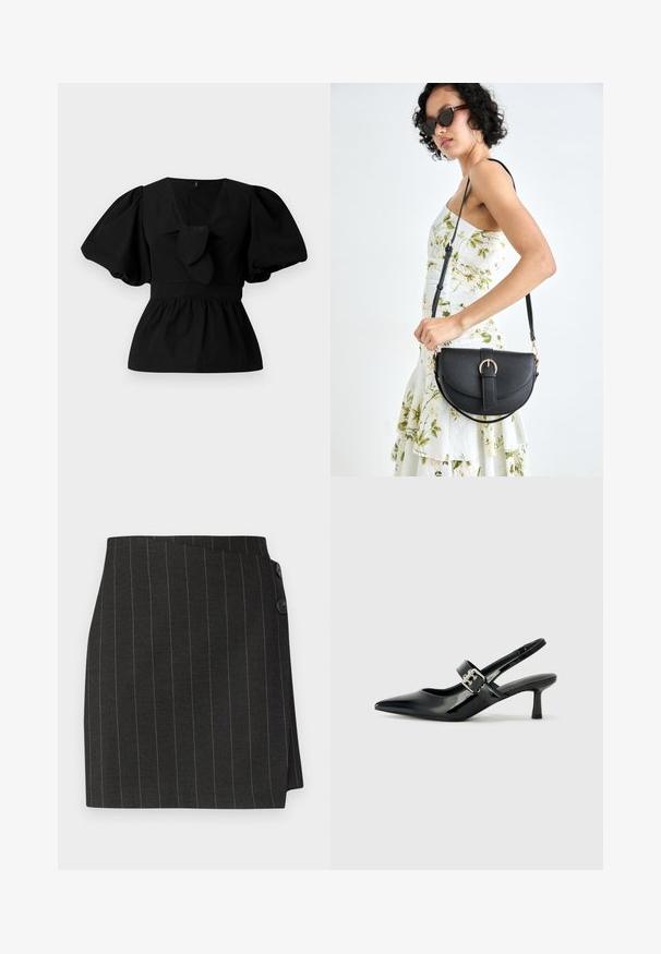 Melnas kokvilnas blūze ar V-veida kakla izgriezumu, puffam līdzīgām piedurknēm un saites akcentu viduklī. Krūšu daļa ir savākta, veidojot pepluma siluetu.; Melnas svītrainas svārki ar pieguļošu piegriezumu, ar asimetriju un divām pogām vidukļa daļā aizdarē.; Melnas lakotas ādas sūkņa kurpes ar norādītu purngali un mazu bloku papēdi, ar sudraba sprādzi akcentā uz jostas.; Melnas ādas rokassoma ar izliekta formu, noņemamu siksnu un zelta aksesuāriem. Somai ir vāciņš ar sprādzes detaļu.