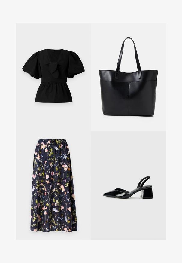 Juoda medvilninė bliuska su V formos iškirpte, pūstomis rankovėmis ir juosmens raiščiu. Viršutinė dalis suglebusi, sukurianti peplumo formą.; Tamsiai mėlyna gėlių sijonas su elastinga juosmena, puikuojantis rožinėmis, mėlynomis ir žaliomis gėlėmis ant tekstūruoto audinio.; Juodos lakuotos odinės šlepetės su smailiu pirštu ir geometriniu bloko kulnu. Turi elegantišką, minimalistinį dizainą ir lygų paviršių.; Juoda odinė rankinė su dviem ilgais diržais, lygiu paviršiumi ir struktūrizuota forma. Yra priekinė kišenė papildomam saugojimui.