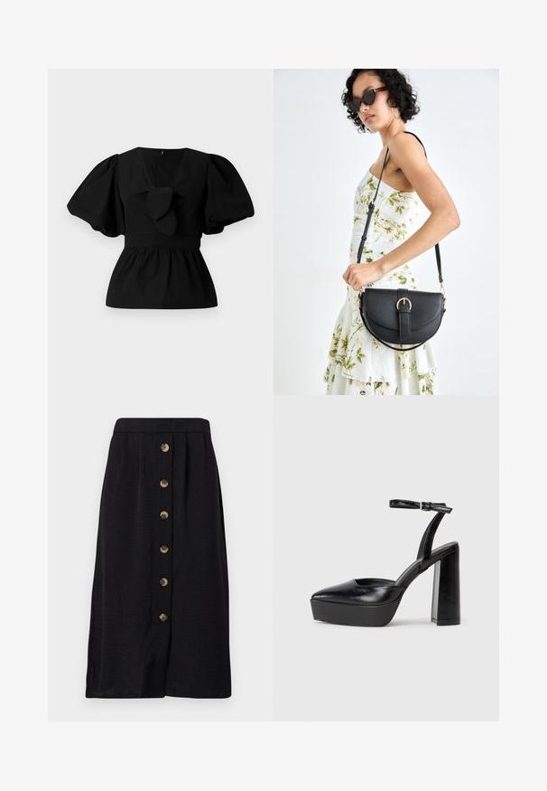 Juoda medvilninė bliuska su V formos iškirpte, pūstomis rankovėmis ir juosmens raiščiu. Viršutinė dalis suglebusi, sukurianti peplumo formą.; Juodas midi sijonas su tekstūruotu audiniu, su priekiniais mygtukais, kurių yra penki bronziniai mygtukai ir tiesiu siluetu.; Juodi platforminiai aukšti kulniukai su smailiu kojų pirštu ir reguliuojamu kulkšnies dirželiu. Pagaminti iš lygaus odos, turi masyvų blokinį kulną.; Juodas odinis krepšys su išlenkta forma, nuimamu dirželiu ir auksiniais detalėmis. Krepšys turi kilpą su sagtimi.