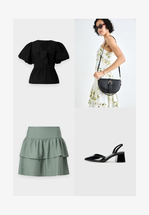 Melnas kokvilnas blūze ar V-veida kakla izgriezumu, puffam līdzīgām piedurknēm un saites akcentu viduklī. Krūšu daļa ir savākta, veidojot pepluma siluetu.; Mīksts zaļš svārks ar slāņotu dizainu un viļņotu apakšmalu, izgatavots no vieglas auduma, ar elastīgu jostasvietu komfortam.; Melna lakota āda ar atvērto papēdi, ar smailu purngalu un ģeometrisku blokpapēdi. Iezīmējas elegants, minimāls dizains un gluda tekstūra.; Melnas ādas rokassoma ar izliekta formu, noņemamu siksnu un zelta aksesuāriem. Somai ir vāciņš ar sprādzes detaļu.