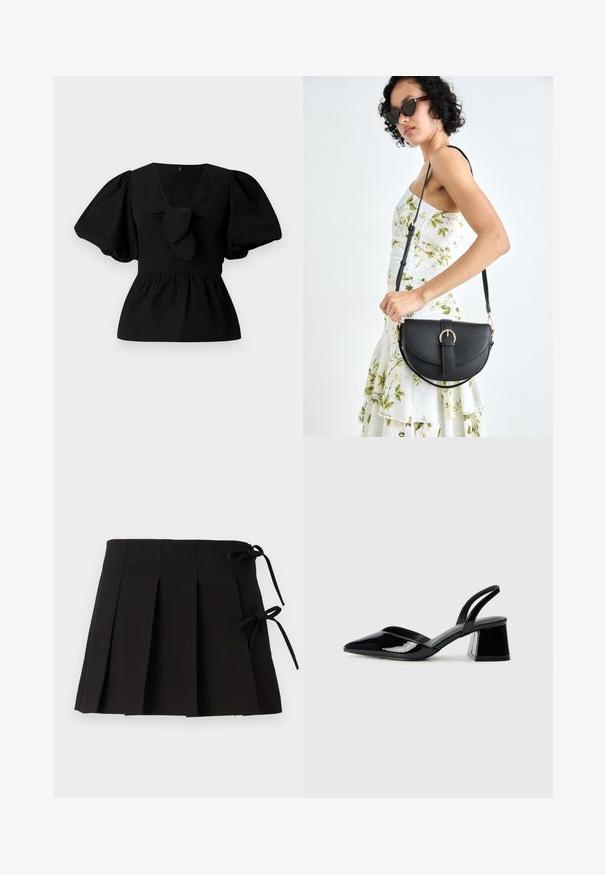 Melnas kokvilnas blūze ar V-veida kakla izgriezumu, puffam līdzīgām piedurknēm un saites akcentu viduklī. Krūšu daļa ir savākta, veidojot pepluma siluetu.; Melna plisētā svārki ar sānu saitēm, izgatavoti no gludas tekstūras auduma; tiem ir strukturēts dizains un tīras līnijas.; Melna lakota āda ar atvērto papēdi, ar smailu purngalu un ģeometrisku blokpapēdi. Iezīmējas elegants, minimāls dizains un gluda tekstūra.; Melnas ādas rokassoma ar izliekta formu, noņemamu siksnu un zelta aksesuāriem. Somai ir vāciņš ar sprādzes detaļu.