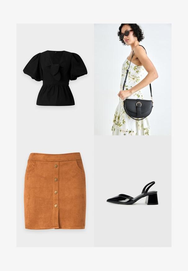 Black cotton blouse featuring a V-neck, puff sleeves, and a tie accent at the waist. The bodice is gathered for a peplum shape.; Brown suede mini skirt with a straight cut, featuring a front button closure, two side pockets, and subtle stitching details.; Black patent leather slingback heels with a pointed toe and a geometric block heel. Features a sleek, minimal design and smooth texture.; Black leather handbag with a curved shape, detachable strap, and gold hardware. The bag features a flap with a buckle detail.