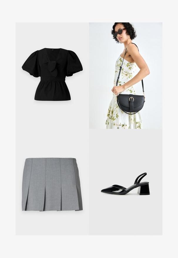 Black cotton blouse featuring a V-neck, puff sleeves, and a tie accent at the waist. The bodice is gathered for a peplum shape.; Gray pleated skirt featuring a smooth texture, structured design, and a fitted waist. Made from a lightweight fabric with subtle pattern.; Black patent leather slingback heels with a pointed toe and a geometric block heel. Features a sleek, minimal design and smooth texture.; Black leather handbag with a curved shape, detachable strap, and gold hardware. The bag features a flap with a buckle detail.