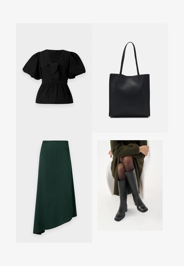 Blusa de algodão preta com decote em V, mangas bufantes e um detalhe atado na cintura. O corpete é pregueado para criar uma forma de peplum.; Saia envolvente verde escura feita de um tecido suave, com um hemline assimétrico e uma cintura sem costura para um design limpo.; Botas de couro pretas até ao joelho com biqueira quadrada e salto em bloco, apresentadas com um modelo sentado num casaco verde-azeitona. Textura lisa, com detalhes mínimos.; Bolsa tote preta em couro com textura lisa, forma retangular e duas alças longas. Sem hardware ou enfeites visíveis.