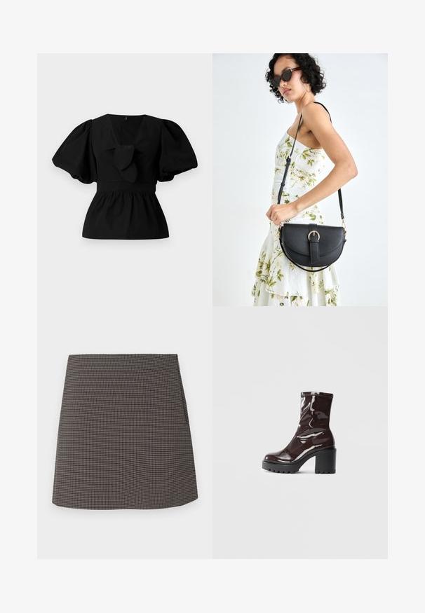 Fekete pamut blúz V nyakkivágással, puffos ujjakkal és derékon megkötős díszítéssel. A felső rész ráncolt a peplum forma érdekében.; Egyenes szárú mini szoknya kis fekete és szürke houndstooth mintával, látható díszítések vagy zsebek nélkül.; Fényes bordó bokacsizma vastag fekete sarokkal, sima felülettel és egyszerű dizájnnal. Nincsenek látható zárak vagy minták.; Fekete bőrtáska ívelt formával, levehető pánttal és arany színű fémrészekkel. A táskán egy csattal díszített fedél található.