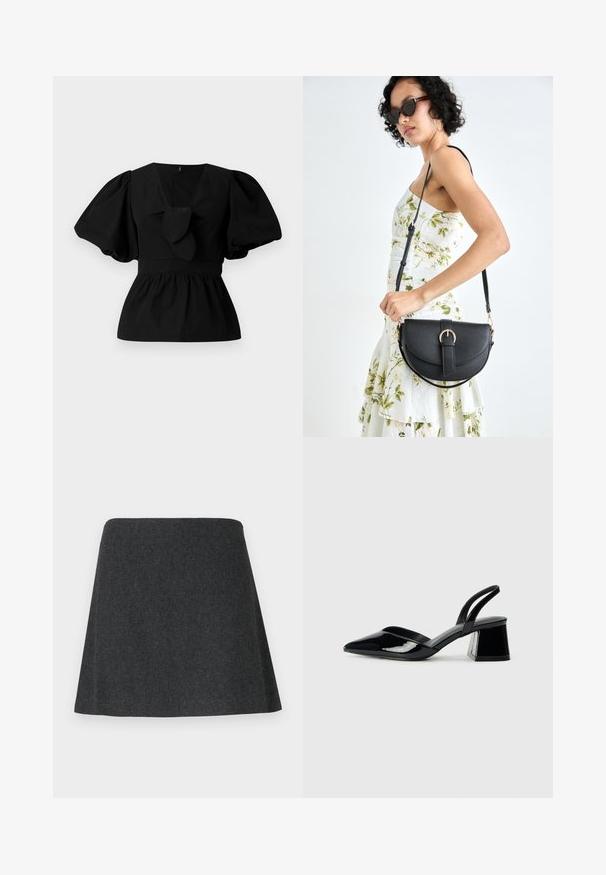 Fekete pamut blúz V nyakkivágással, puffos ujjakkal és derékon megkötős díszítéssel. A felső rész ráncolt a peplum forma érdekében.; Sötét szövetből készült A-vonalú szoknya, amely sima textúrával és tiszta szegéllyel rendelkezik. Minimalista dizájn, látható hardver vagy díszítés nélkül.; Fekete lakk bőr szandálkés magas sarkú cipő, hegyes orral és geometrikus tömbsarkakkal. Karcsú, minimalista dizájn és sima textúra jellemzi.; Fekete bőrtáska ívelt formával, levehető pánttal és arany színű fémrészekkel. A táskán egy csattal díszített fedél található.