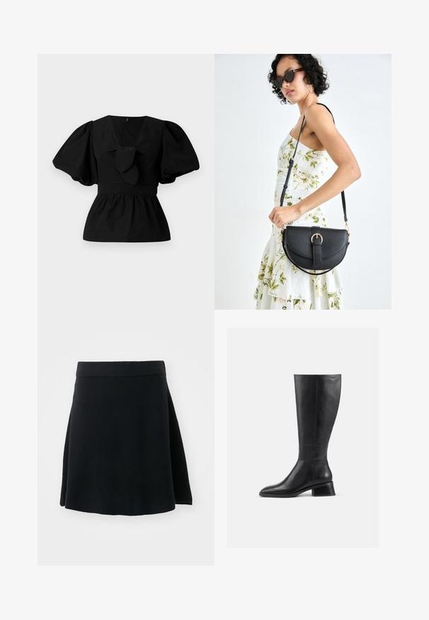 Juoda medvilninė bliuska su V formos iškirpte, pūstomis rankovėmis ir juosmens raiščiu. Viršutinė dalis suglebusi, sukurianti peplumo formą.; Juodas A formos sijonas su lygia tekstūra ir šiek tiek išsiplėtimu, turintis juostos ir jokių matomų užsegimų ar raštų.; Juodų odinių batų iki kelių su apvalia nosimi ir žemu, kvadratiniu kulnu. Pasižymi lygia tekstūra ir minimaliais siuvinėjimo akcentais.; Juodas odinis krepšys su išlenkta forma, nuimamu dirželiu ir auksiniais detalėmis. Krepšys turi kilpą su sagtimi.