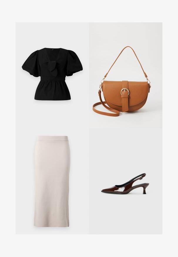 Must mustritud musta puuvillane pluus, millel on V-kaelus, puffvarrukad ja sõlmeaksent vööl. Bodice on kogutud, et luua peplumi kuju.; Kootud pliiatsiseelik heledas beežis, ribitud vöökoht, kitsas istuvus ja külgsisselõige liikumise mugavuse tagamiseks. Pehme tekstuur, minimalistlik disain.; Pruun patentnahast slingback tossud terava nina ja mõõduka kandega. Omab pandla rihma kindla istuvuse tagamiseks. Sile tekstuur.; Pruun nahast õlakott, millel on kumer kuju, kullavärvi riistvara ja pandlaga kaunistus. Omab eemaldatavat õlarihma.