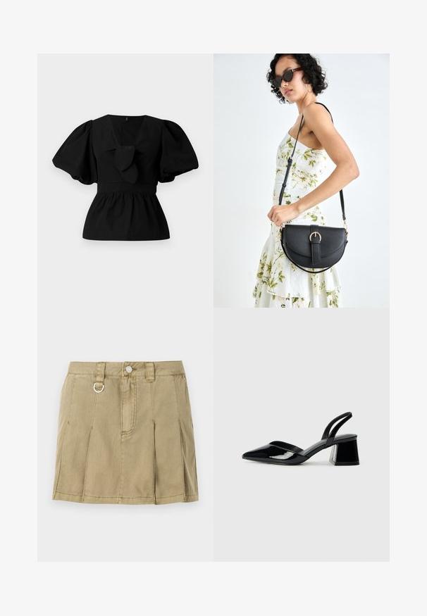 Must mustritud musta puuvillane pluus, millel on V-kaelus, puffvarrukad ja sõlmeaksent vööl. Bodice on kogutud, et luua peplumi kuju.; Heled oliivroheline teksaseelik, millel on neli lõikeplekti, esine nupuvajutus ja metallringi aksessuaar vöökoha piirkonnas.; Mustad musta lakknahk kingad, millel on terav varvas ja geomeetriline plokkkonts. Omab elegantselt minimalistlikku disaini ja sujuvat tekstuuri.; Mustmust mustraha kõverate joontega, eemaldatava rihmaga ja kuldsete detailidega. Kotil on klapp, millel on pandladetail.