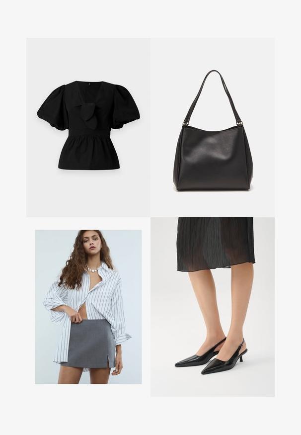 Črna bombažna bluzica z V-izrezom, nabranimi rokavi in veznim poudarkom v pasu. Bodice je nabrana za peplumski kroj.; Mlada ženska s dolgimi kodri nosi belo sivo prugasto preveliko srajco, sivo mini krilo s sprednjim razporkom in ogrlico v obliki zvezde.; Črne slingback pete z izostrenimi prsti in sijočo površino, z vitkim peto in odprtim hrbtom. Teksturna vzorčena zgornjega materiala.; Črna sintetična usnjena torbica z mehko teksturo, hobo oblika in dvojni naramnici; ima sijajni zaključek in minimalističen dizajn.