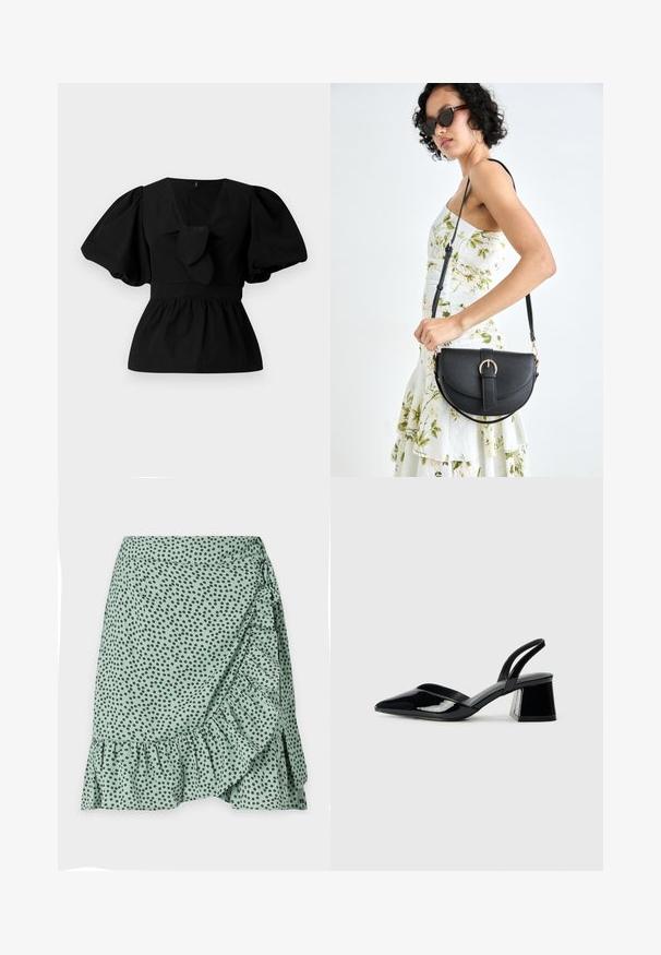 Crna pamučna bluzica s V-izrezom, napuhanim rukavima i naglaskom u obliku kravate na struku. Gornji dio je nabrčan za peplum oblik.; Zelena suknja od tkanine s crnim točkicama, s volanima na rubu i dizajnom sa strane. Glatka tekstura i lagani materijal.; Crne lakirane kožne sandale s otvorenom petom i špicastim vrhom, s geometrijskom blok petom. Imaju elegantan, minimalistički dizajn i glatku teksturu.; Crna kožna torba s lukovitim oblikom, odvojivim remenom i zlatnim detaljima. Torba ima preklop s kopčom.