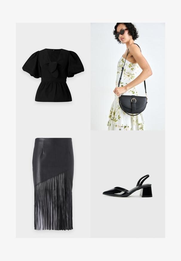 Fekete pamut blúz V nyakkivágással, puffos ujjakkal és derékon megkötős díszítéssel. A felső rész ráncolt a peplum forma érdekében.; Fekete bőr szoknya, francia díszítéssel az alján, sima textúrával és aszimmetrikus formával.; Fekete lakk bőr szandálkés magas sarkú cipő, hegyes orral és geometrikus tömbsarkakkal. Karcsú, minimalista dizájn és sima textúra jellemzi.; Fekete bőrtáska ívelt formával, levehető pánttal és arany színű fémrészekkel. A táskán egy csattal díszített fedél található.