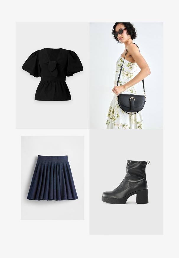 Blusa de algodão preta com decote em V, mangas bufantes e um detalhe atado na cintura. O corpete é pregueado para criar uma forma de peplum.; Saia pregueada azul-escura feita de tecido de denim. Apresenta uma cintura alta e uma forma evasê, com costuras visíveis ao longo das pregas.; Botas de tornozelo pretas feitas de couro liso, com fecho lateral, salto grosso texturizado e design de bico arredondado.; Bolsa de couro preta com forma curva, alça destacável e detalhes em dourado. A bolsa possui uma aba com detalhe de fivela.