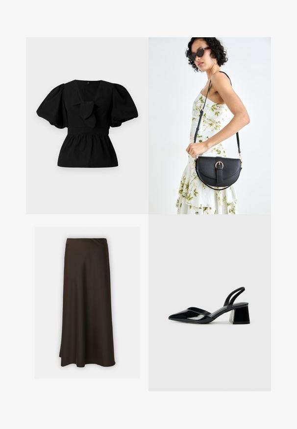 Bluză neagră din bumbac cu decolteu în V, mâneci tip puff și accent cu funda în talie. Bustul este adunat pentru un aspect peplum.; Selected Femme SLFLENA - Fustă în formă de A - coffee bean; Pantofi cu toc slingback din piele lacuită neagră, cu vârf ascuțit și toc geometric. Prezintă un design elegant, minimalist și o textură netedă.; Geantă din piele neagră, cu o formă curbată, curea detașabilă și accesorii aurii. Geanta are un capac cu un detaliu tip cataramă.