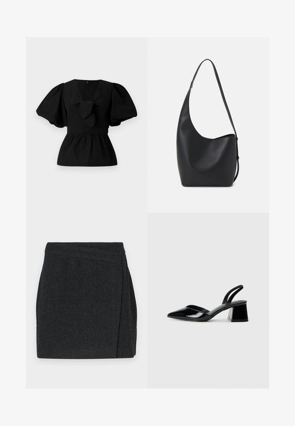 Črna bombažna bluzica z V-izrezom, nabranimi rokavi in veznim poudarkom v pasu. Bodice je nabrana za peplumski kroj.; Krilo z vzorcem ribje kosti v črni barvi z dizajnom zavitka, ki ima čist zaključek in teksturirano tkanino. Dolžina do sredine stegna.; Črne lakirane slingback pete s koničastim nosom in geometrijsko blokasto peto. Imajo eleganten, minimalističen dizajn in gladko teksturo.; Črna usnjena hobo torba z gladko teksturo, ukrivljeno obliko in eno nastavljivo naramnico; ima širok odprtina na vrhu.