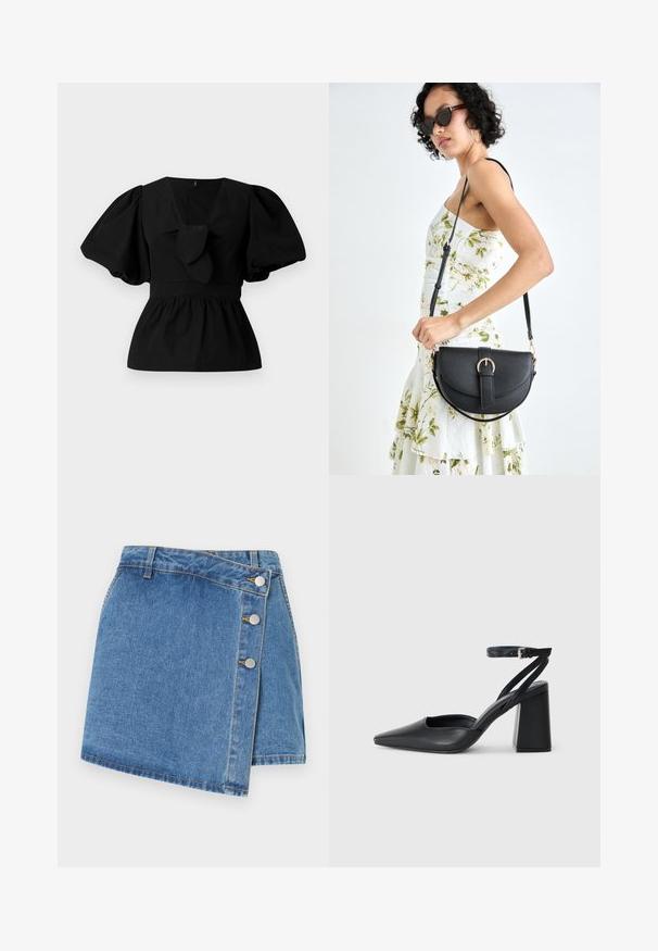 Must mustritud musta puuvillane pluus, millel on V-kaelus, puffvarrukad ja sõlmeaksent vööl. Bodice on kogutud, et luua peplumi kuju.; Heled sinise denimpoolik. Omab kõrgemat taljejoont, nurga all lõigatud hemmi ning külgedel kolme metallist nupukest. Sile tekstuur koos peente õmblustega.; Mustmustest must-käigukingad, millel on konksuga nöör ja paks konts. Ühtlane tekstuur, stiilne disain ja minimalistlik esteetika.; Mustmust mustraha kõverate joontega, eemaldatava rihmaga ja kuldsete detailidega. Kotil on klapp, millel on pandladetail.