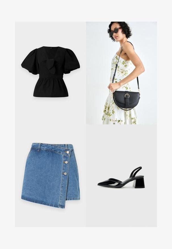 Blusa de algodão preta com decote em V, mangas bufantes e um detalhe atado na cintura. O corpete é pregueado para criar uma forma de peplum.; Saia envolvente de ganga em azul claro. Apresenta uma cintura alta, bainha assimétrica e três botões de pressão metálicos de um lado. Textura suave com costura discreta.; Sandy em verniz preto com salto slingback, ponta afilada e salto geométrico. Apresenta um design elegante e minimalista com textura suave.; Bolsa de couro preta com forma curva, alça destacável e detalhes em dourado. A bolsa possui uma aba com detalhe de fivela.