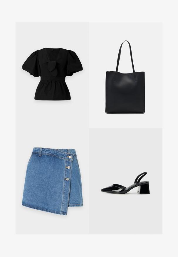 Melnas kokvilnas blūze ar V-veida kakla izgriezumu, puffam līdzīgām piedurknēm un saites akcentu viduklī. Krūšu daļa ir savākta, veidojot pepluma siluetu.; Denim apvērsuma svārki gaiši zilā krāsā. Iespējas ar augstu vidukli, slīpu apakšmalu un trim metāla pogām sānos. Gluda tekstūra ar vieglu šuvju akcentu.; Melna lakota āda ar atvērto papēdi, ar smailu purngalu un ģeometrisku blokpapēdi. Iezīmējas elegants, minimāls dizains un gluda tekstūra.; Melnas ādas somiņa ar gludu tekstūru, taisnstūra formu un divām garām rokturiem. Nav redzamu aparatūras vai rotājumu.