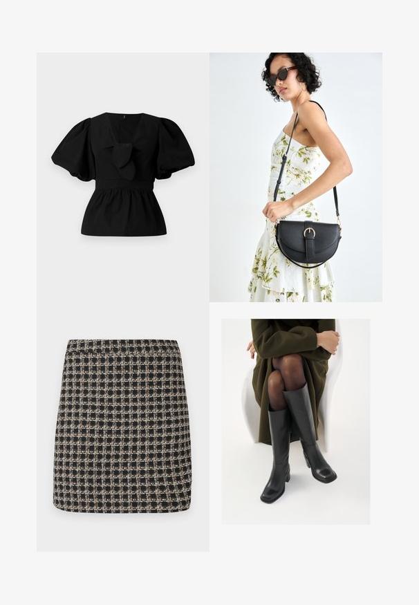 Čierna bavlnená blúzka s výstrihom do V, s balónovými rukávmi a viazaním v oblasti pásu. Hrudník je zhrnutý pre peplum tvar.; Čierna a béžová kockovaná mini sukňa s textúrovaným tkaním a hladkým pásom, so štruktúrovaným strihom a jednoduchým dizajnom.; Čierne kožené čižmy po kolená so štvrtým prstom a blokovým opätkom, zobrazené s modelom sediacim v olivovo zelenej bunde. Hladká textúra, minimálne detaily.; Čierna kožená kabelka s zaobleným tvarom, odnímateľným popruhom a zlatými doplnkami. Kabelka má klopu s detailom s prackou.