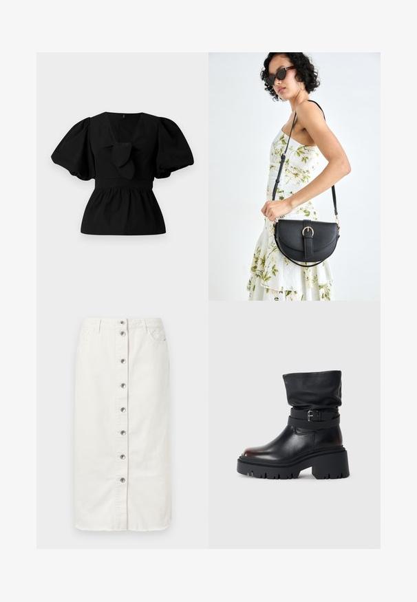 Bluză neagră din bumbac cu decolteu în V, mâneci tip puff și accent cu funda în talie. Bustul este adunat pentru un aspect peplum.; Fustă midi din denim alb, cu închidere frontală cu nasturi, două buzunare laterale și accente brodate la talie. Prezintă un tiv brut.; Botină din piele neagră, cu un tiv căzut, detaliu cu cataramă și talpă groasă, robustă. Are vârf rotund și textură netedă.; Geantă din piele neagră, cu o formă curbată, curea detașabilă și accesorii aurii. Geanta are un capac cu un detaliu tip cataramă.