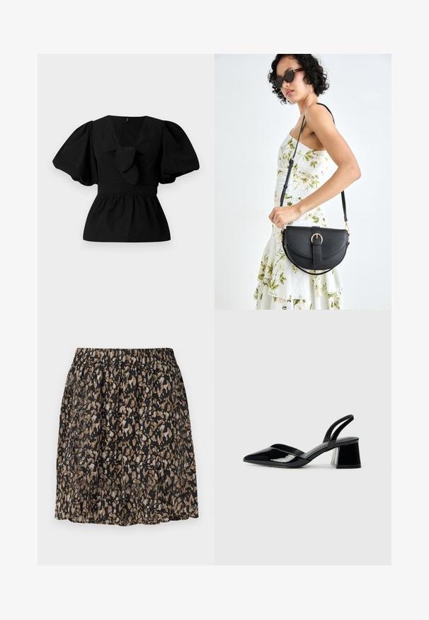 Črna bombažna bluzica z V-izrezom, nabranimi rokavi in veznim poudarkom v pasu. Bodice je nabrana za peplumski kroj.; Črna krila z zamegljenim abstraktnim vzorcem v bež in rjavi barvi. Elastičen pas, lahka tkanina in dolžina do kolen.; Črne lakirane slingback pete s koničastim nosom in geometrijsko blokasto peto. Imajo eleganten, minimalističen dizajn in gladko teksturo.; Črna usnjena torbica s ukrivljeno obliko, z odstranljivo naramnico in zlatimi dodatki. Torbica ima pokrov s podrobnostmi v obliki zaponke.