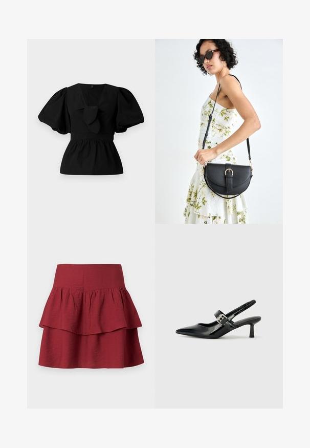 Melnas kokvilnas blūze ar V-veida kakla izgriezumu, puffam līdzīgām piedurknēm un saites akcentu viduklī. Krūšu daļa ir savākta, veidojot pepluma siluetu.; Daudzkārtaina svārku kleita dziļi burgundijas krāsā ar plašu jostasvīru, strukturētām volāna kārtām un mīkstu, teksturētu audumu.; Melnas lakotas ādas sūkņa kurpes ar norādītu purngali un mazu bloku papēdi, ar sudraba sprādzi akcentā uz jostas.; Melnas ādas rokassoma ar izliekta formu, noņemamu siksnu un zelta aksesuāriem. Somai ir vāciņš ar sprādzes detaļu.