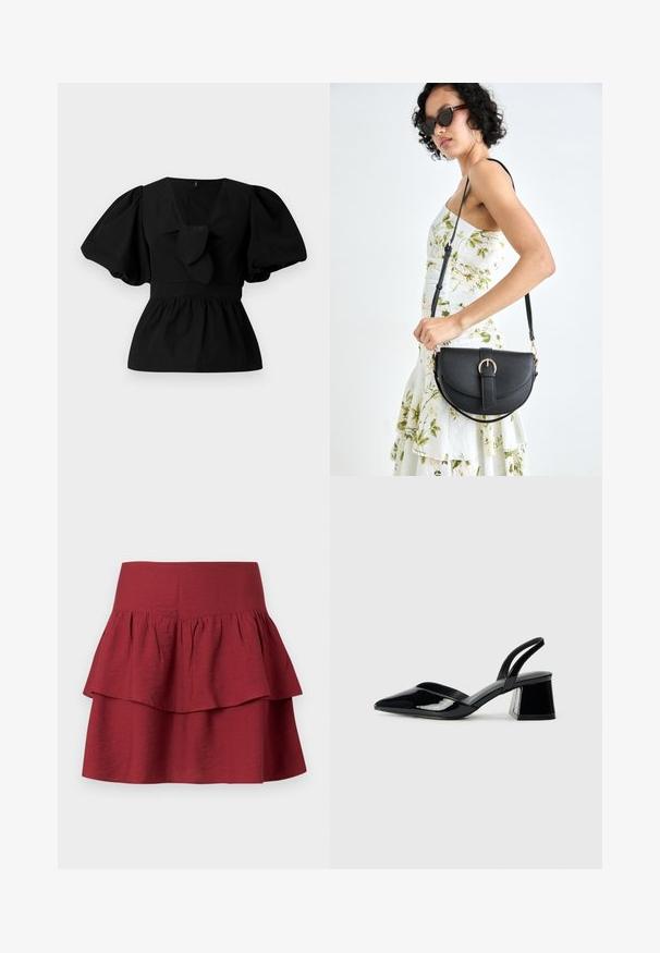 Must mustritud musta puuvillane pluus, millel on V-kaelus, puffvarrukad ja sõlmeaksent vööl. Bodice on kogutud, et luua peplumi kuju.; Kihiline seelik sügavas burgundis, laia vöökoha, kihilise struktuuriga volangide ja pehme, tekstuuriga kangaga.; Mustad musta lakknahk kingad, millel on terav varvas ja geomeetriline plokkkonts. Omab elegantselt minimalistlikku disaini ja sujuvat tekstuuri.; Mustmust mustraha kõverate joontega, eemaldatava rihmaga ja kuldsete detailidega. Kotil on klapp, millel on pandladetail.