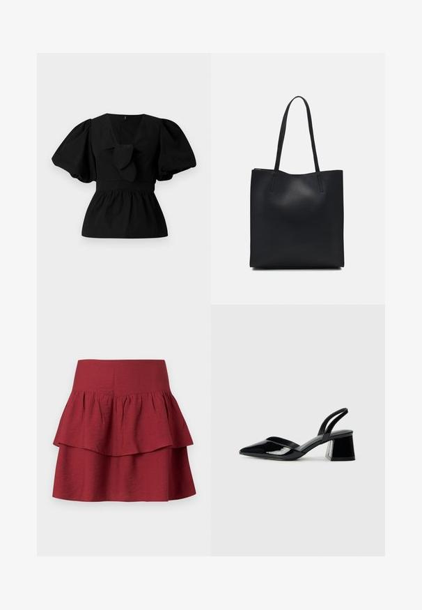 Blusa nera in cotone con scollatura a V, maniche a sbuffo e dettaglio con fiocco in vita. Il busto è arricciato per una forma a peplo.; Gonna a strati di un profondo bordeaux, con una cintura larga, balze strutturate nei vari strati e un tessuto morbido e texturizzato.; Décolleté in vernice nera con punta affusolata e tacco in geometria cubica. Presentano un design elegante e minimalista, con una texture liscia.; Borsa tote in pelle nera con texture liscia, forma rettangolare e due manici lunghi. Nessun hardware o decorazione visibile.