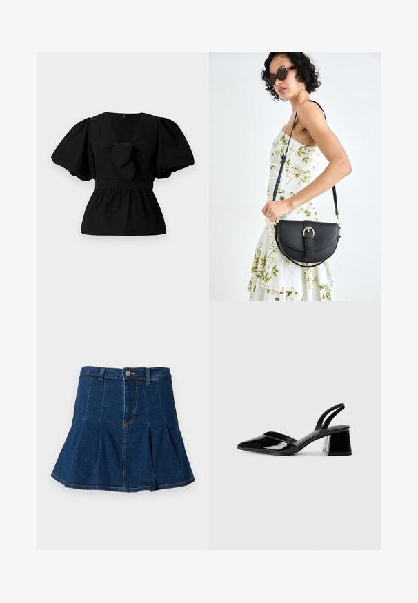 Černá bavlněná blůza se V-výstřihem, balónovými rukávy a ozdobným vázáním v oblasti pasu. Hrudník je nařasený, což vytváří peplum tvar.; Džínová sukně v tmavě modré barvě, s plisovaným designem, pěti kapsami, předním zapínáním na knoflík a kontrastním prošíváním.; Černé lakované kožené lodičky na pásku s špičatou špičkou a geometrickým blokovým podpatkem. Vyznačují se elegantním, minimalistickým designem a hladkým povrchem.; Černá kožená kabelka s křivkovým tvarem, odnímatelným popruhem a zlatými detaily. Kabelka má klopu s přezkou.