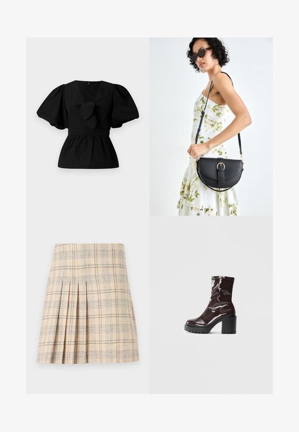 Blusa de algodón negra con escote en V, mangas abullonadas y un lazo en la cintura. El pecho está fruncido para dar forma de peplum.; Falda a rayas plisada en beige con líneas azules y marrones, que presenta una cinturilla ajustada y una tela texturizada para un aspecto estructurado.; Botín burdeos brillante hasta el tobillo con un tacón negro grueso, que presenta una textura suave y un diseño sencillo. Sin cierres ni patrones visibles.; Bolso de piel negra con forma curva, correa desmontable y herrajes dorados. El bolso cuenta con una solapa con un detalle de hebilla.