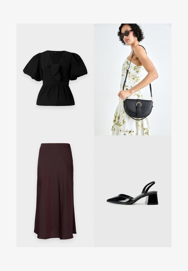 Black cotton blouse featuring a V-neck, puff sleeves, and a tie accent at the waist. The bodice is gathered for a peplum shape.; Burgundy satin midi skirt with a smooth texture, a straight fit, and a slightly flared hem. No visible patterns or hardware details.; Black patent leather slingback heels with a pointed toe and a geometric block heel. Features a sleek, minimal design and smooth texture.; Black leather handbag with a curved shape, detachable strap, and gold hardware. The bag features a flap with a buckle detail.
