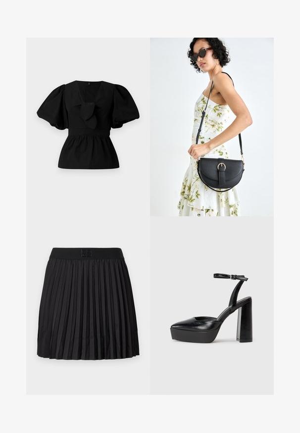 Must mustritud musta puuvillane pluus, millel on V-kaelus, puffvarrukad ja sõlmeaksent vööl. Bodice on kogutud, et luua peplumi kuju.; Must mustriga seelik, millel on sile tekstuur, musta värvi elastne vöökoht ja esiküljel reljeefne logo detail.; Mustad platvormi kontsad terava ninaga ja reguleeritava pahkluuraamiga. Valmistatud siledast nahast, funktsioneerib massiivse plokknäheeliga.; Mustmust mustraha kõverate joontega, eemaldatava rihmaga ja kuldsete detailidega. Kotil on klapp, millel on pandladetail.