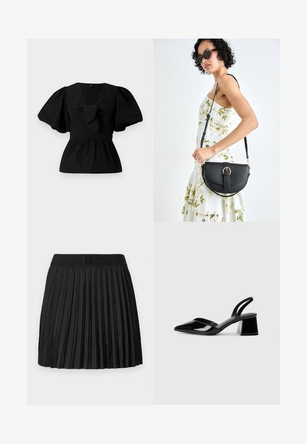 Melnas kokvilnas blūze ar V-veida kakla izgriezumu, puffam līdzīgām piedurknēm un saites akcentu viduklī. Krūšu daļa ir savākta, veidojot pepluma siluetu.; Melna plātnēta svārku ar gludu tekstūru, ar vienkrāsainu melnu jostas daļu un reljefu logotipa detaļu priekšpusē.; Melna lakota āda ar atvērto papēdi, ar smailu purngalu un ģeometrisku blokpapēdi. Iezīmējas elegants, minimāls dizains un gluda tekstūra.; Melnas ādas rokassoma ar izliekta formu, noņemamu siksnu un zelta aksesuāriem. Somai ir vāciņš ar sprādzes detaļu.