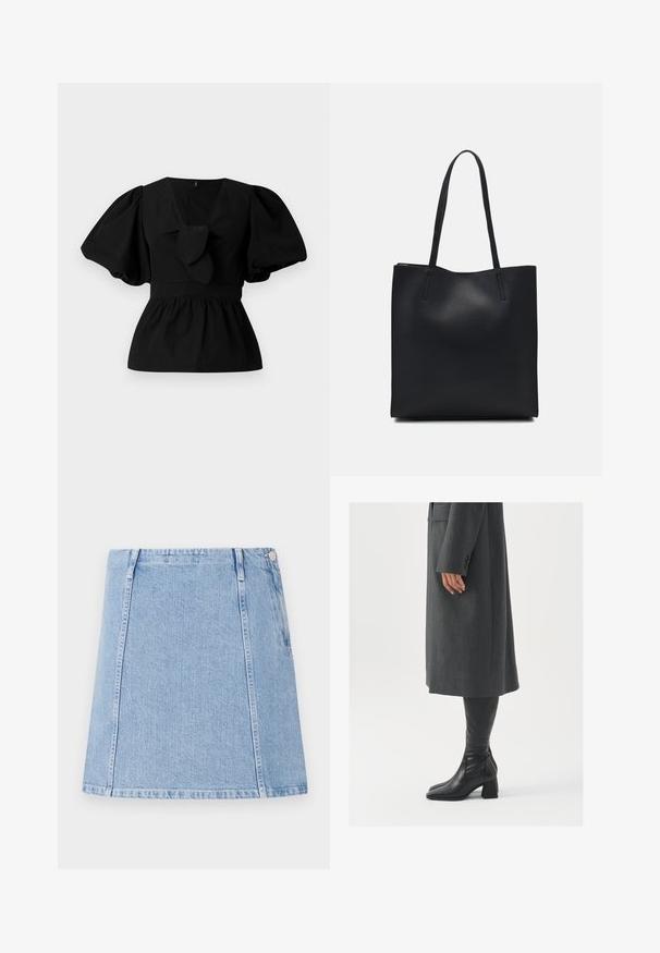 Crna pamučna bluzica s V-izrezom, napuhanim rukavima i naglaskom u obliku kravate na struku. Gornji dio je nabrčan za peplum oblik.; Svijetloplava traper suknja ravnog kroja, s vidljivim detaljima šivanja i bočnom džepom. Materijal je teksturiran s mekanim završetkom.; Sivi, krojeni kaput ravnog kroja; uparen s crnim kožnim čizmama do koljena koje imaju četvrtasti vrh i debeli potplat.; Crna kožna torba za nošenje s glatkom teksturom, pravokutnim oblikom i dvije duge ručke. Nema vidljivih metalnih dijelova ili ukrasa.