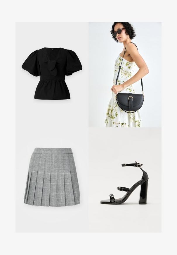 Black cotton blouse featuring a V-neck, puff sleeves, and a tie accent at the waist. The bodice is gathered for a peplum shape.; Grey plaid pleated skirt with a structured waistband, featuring a checkered pattern in dark and light hues. Smooth texture, knee-length design.; Black patent heeled sandals with a square toe, ankle straps, and silver buckles. Features a chunky block heel for stability.; Black leather handbag with a curved shape, detachable strap, and gold hardware. The bag features a flap with a buckle detail.