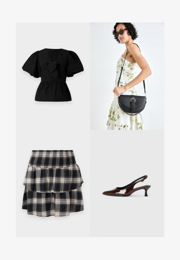 Črna bombažna bluzica z V-izrezom, nabranimi rokavi in veznim poudarkom v pasu. Bodice je nabrana za peplumski kroj.; Karirana krila v črno-beli barvi s smokanjem v pasu. Ima nabrane plasti in mehko bombažno teksturo.; Rjavi lakirani slingback čevelj z ostro konico in zmerno peto. Ima zaponko za varno prileganje. Gladka tekstura.; Črna usnjena torbica s ukrivljeno obliko, z odstranljivo naramnico in zlatimi dodatki. Torbica ima pokrov s podrobnostmi v obliki zaponke.