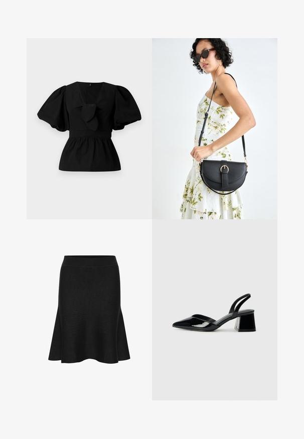Crna pamučna bluzica s V-izrezom, napuhanim rukavima i naglaskom u obliku kravate na struku. Gornji dio je nabrčan za peplum oblik.; Crna pletena suknja s raskošnom oblikom i širokim pojasom. Ima glatku teksturu i blagi flare na rubu. Bez vidljivih uzoraka ili naglašavanja.; Crne lakirane kožne sandale s otvorenom petom i špicastim vrhom, s geometrijskom blok petom. Imaju elegantan, minimalistički dizajn i glatku teksturu.; Crna kožna torba s lukovitim oblikom, odvojivim remenom i zlatnim detaljima. Torba ima preklop s kopčom.
