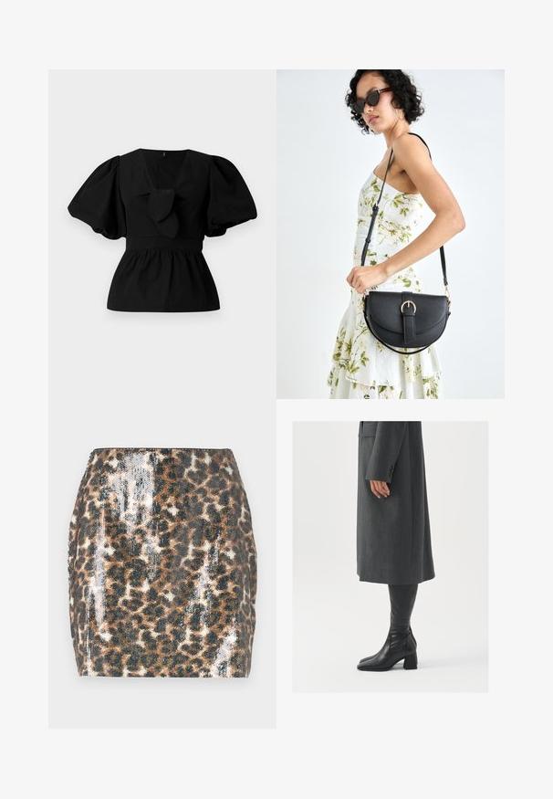 Fekete pamut blúz V nyakkivágással, puffos ujjakkal és derékon megkötős díszítéssel. A felső rész ráncolt a peplum forma érdekében.; Leopárdmintás mini szoknya, amely flitteres textúrával, testhezálló fazonnal, barna és fekete színekkel, valamint egyenes szegéllyel rendelkezik.; Szürke, szabott overál, egyenes vonallal; térd fölé érő fekete bőrcsizmákkal párosítva, négyzetes orral és vastag sarokkal.; Fekete bőrtáska ívelt formával, levehető pánttal és arany színű fémrészekkel. A táskán egy csattal díszített fedél található.