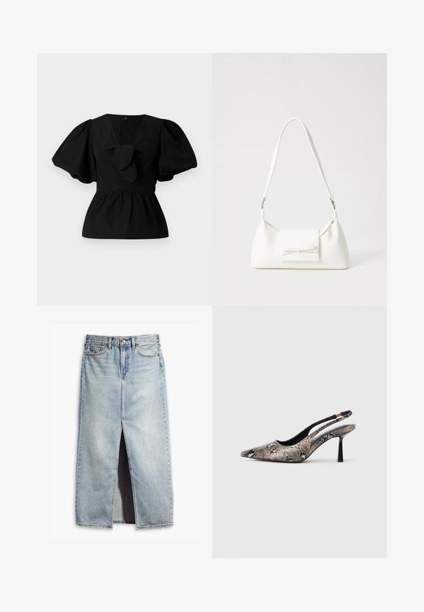 Must mustritud musta puuvillane pluus, millel on V-kaelus, puffvarrukad ja sõlmeaksent vööl. Bodice on kogutud, et luua peplumi kuju.; Heleheles sinine teksaseelik, millel on ees lõhe, viie taskuga disain ja nööbiga sulgemine. Omab kulunud kangast ja toorette lõike aktsente.; Kitsas varvusega slingback kingad, mis on valmistatud tekstuuriga maosarnase materjali toel, omavad saledat musta kõrget kontsa ja lõikega disaini külgedel.; Valge sünteetilisest materjalist kott kolmnurkse kujuga, lame esiklapiga ja kaaredetailiga, reguleeritava rihmaga, sileda tekstuuriga ja minimalistliku disainiga.