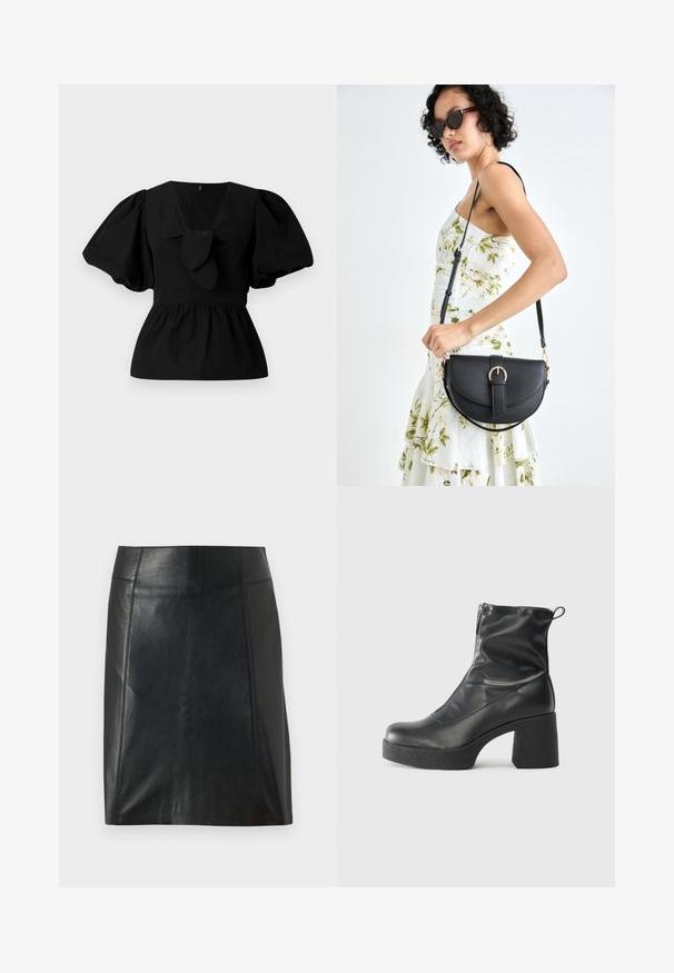 Blusa de algodão preta com decote em V, mangas bufantes e um detalhe atado na cintura. O corpete é pregueado para criar uma forma de peplum.; Saia de couro preta com um design ajustado. Textura suave, costuras que delineiam a forma e uma barra reta. Aparência minimalista e elegante.; Botas de tornozelo pretas feitas de couro liso, com fecho lateral, salto grosso texturizado e design de bico arredondado.; Bolsa de couro preta com forma curva, alça destacável e detalhes em dourado. A bolsa possui uma aba com detalhe de fivela.