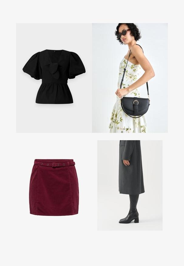 Bluză neagră din bumbac cu decolteu în V, mâneci tip puff și accent cu funda în talie. Bustul este adunat pentru un aspect peplum.; Fustă mini din catifea burgundy cu curea asortată, având o cataramă rectangulară și ochiuri metalice, cu mici slituri pe lateralele tivului.; Palton gri, croit cu un croi drept; asortat cu cizme din piele neagră, până la genunchi, cu vârf pătrat și toc chunky.; Geantă din piele neagră, cu o formă curbată, curea detașabilă și accesorii aurii. Geanta are un capac cu un detaliu tip cataramă.