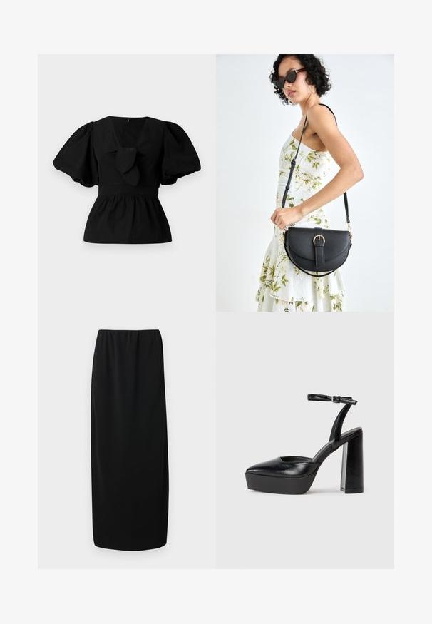 Black cotton blouse featuring a V-neck, puff sleeves, and a tie accent at the waist. The bodice is gathered for a peplum shape.; Black midi skirt with an elastic waistband. Made of a smooth fabric, it features a straight cut and no additional patterns or embellishments.; Black platform heels with a pointed toe and adjustable ankle strap. Constructed from smooth leather, featuring a chunky block heel.; Black leather handbag with a curved shape, detachable strap, and gold hardware. The bag features a flap with a buckle detail.